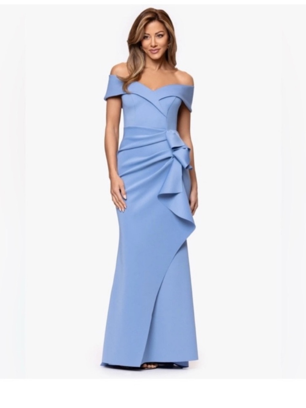 Xscape Off Shoulder Light Blue Scuba Gown Size 12 NWT Formal Maxi Dress MOB